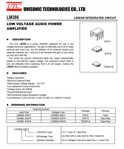 LM386 LOW VOLTAGE AUDIO POWER AMPLIFIER SOP-8 - Picture 2 of 3