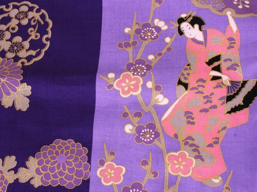 Women's Yukata Robe Japanese Summer Kimono - "GEISHA" Beauty on Stripe Purple - Picture 3 of 6