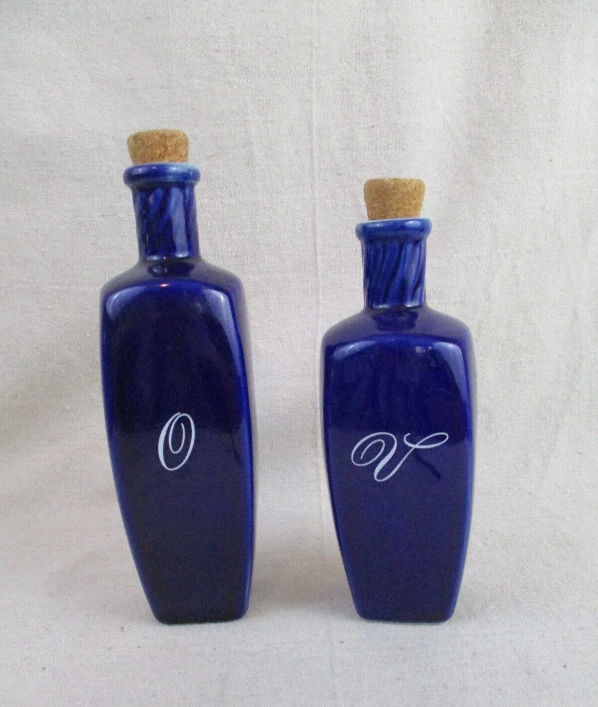 Vtg Oil Vinegar Cruet Set Ceramic Navy Blue With O & V Cork Stopper Thailand