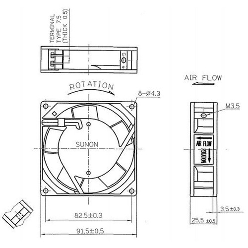Fan 230V AC 14,5W 92x92x25mm 49,2m³/h 2250U/Min 49,2m³/h Sunon SF23092A2092HST - Picture 2 of 3