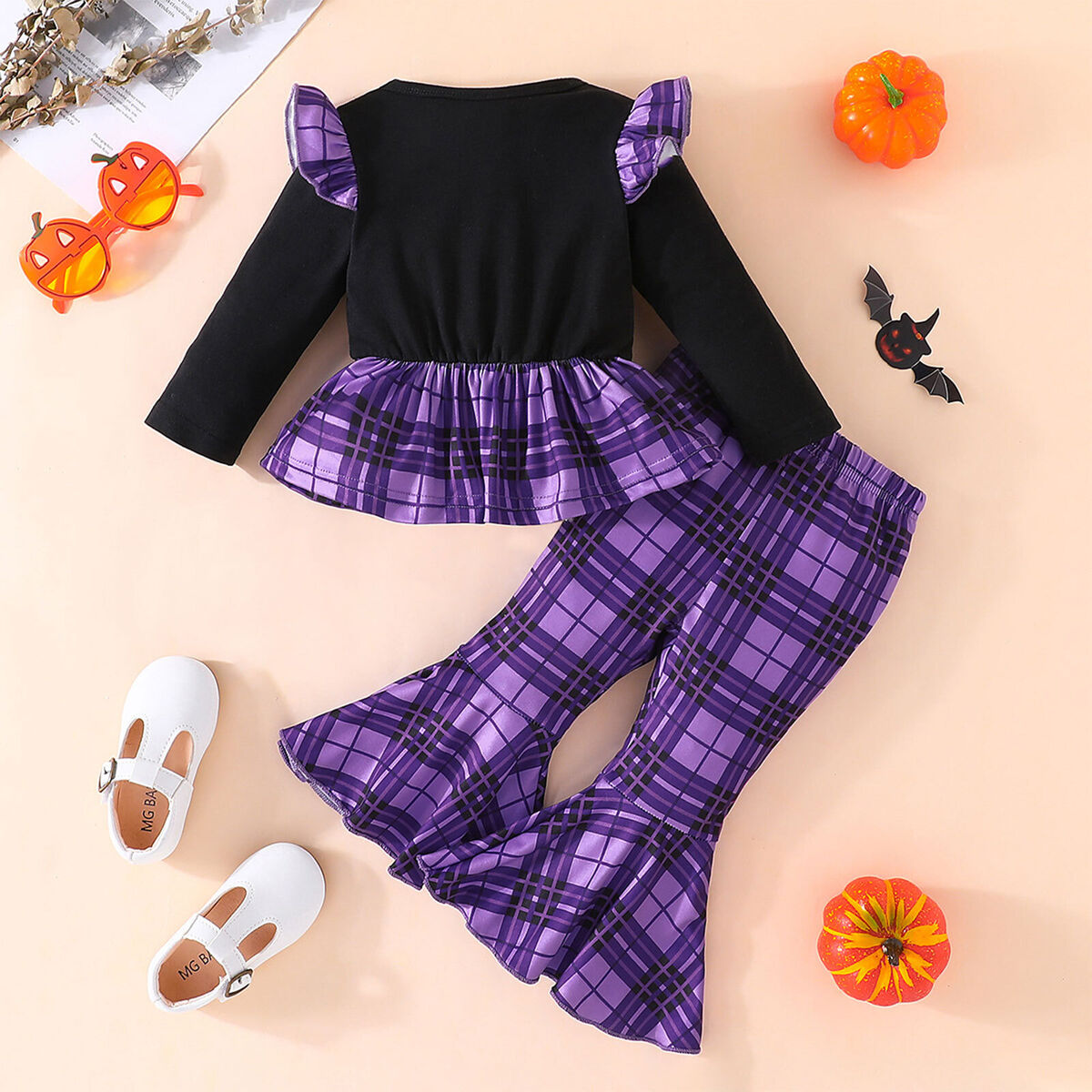 Girl Halloween Pumpkin Outfit Long Sleeve Peplum Shirt Top Bell