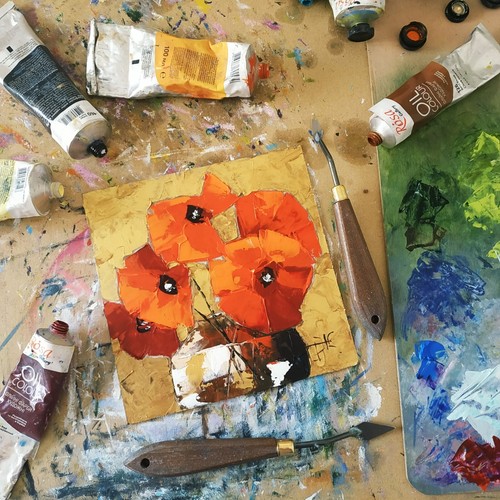 Poppies Painting California Poppy Floral Art Impasto Oil Painting Original 6x6 - Picture 9 of 10