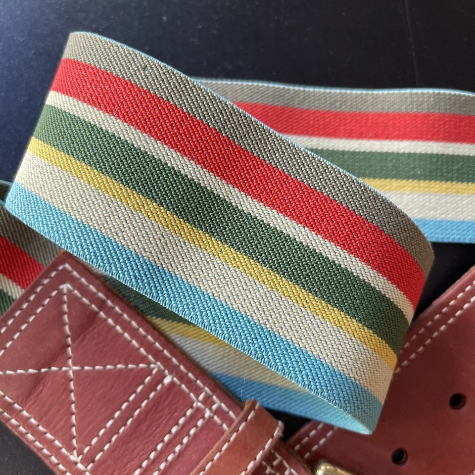 Cinturón de tela y cuero elástico fósil arco iris talla ancha mediana raro festival boho Foto 2 de 4