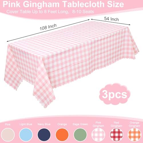 Pink Gingham Tablecloth, 54 X 108InchPlastic Pink Table 3 Pack Pink and White - Picture 2 of 6
