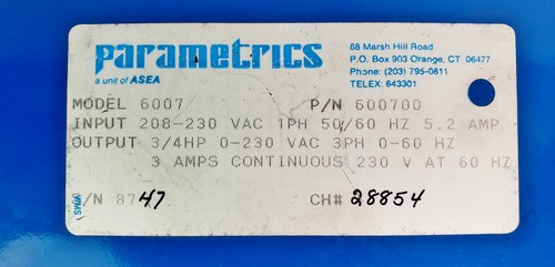 FHP Parametrics PARAJUST AC Motor Speed Control Model 6007 - 1PH INPUT 3PH OUT - Picture 10 of 10