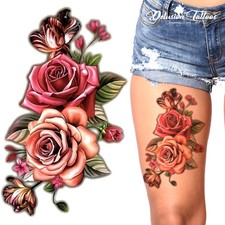 TEMPORARY TATTOO - PINK ROSES, 3D, FLOWERS, WATERPROOF, BODY ART, WOMENS, KIDS