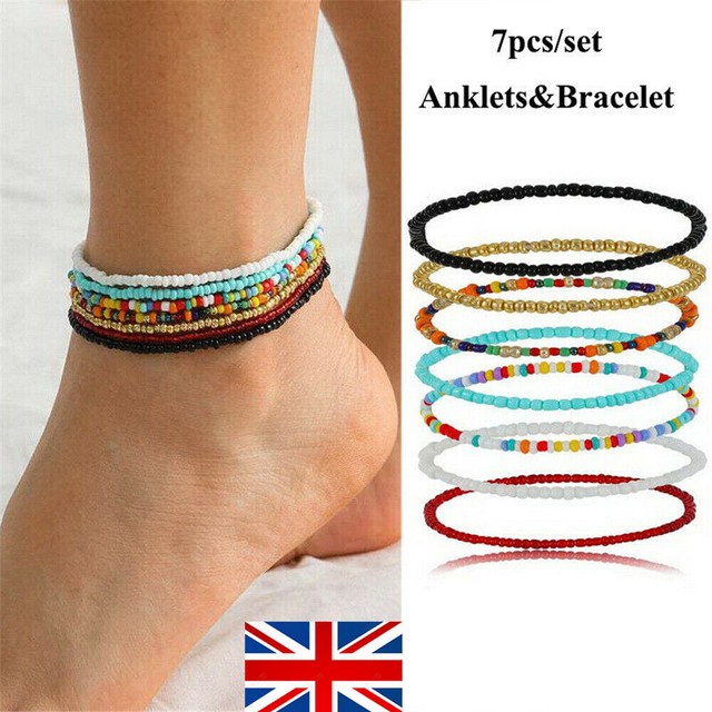 7Pcs Boho Ankle Bracelet Multi Layer Beaded Anklet Women Chain Foot Beach UK 7Pcs Boho Ankle Bracelet Multi Layer Beaded Anklet Women Chain Foot Beach UK