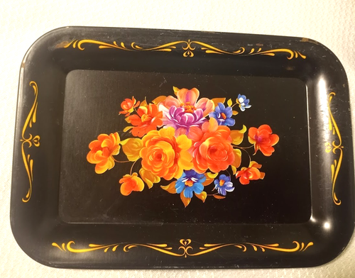 TWO Vintage Mini Metal Hand Painted Flowers Tole Ware Trays 6-5/8"x4-1/2" (64A - Picture 2 of 3