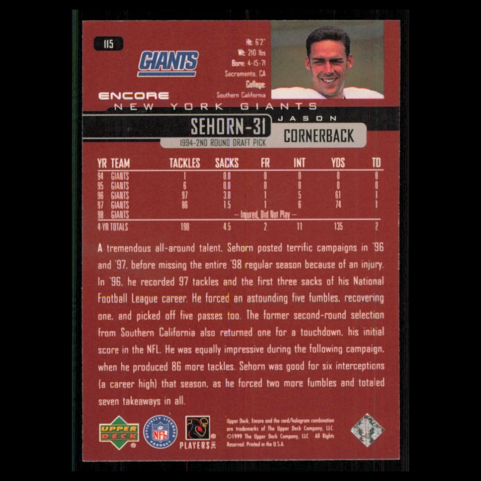 Jason Sehorn #115 1999 Upper Deck Encore New York Giants Football Card NFL NM - Image 2 of 3