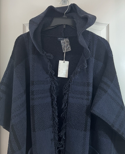 Poncho Barefoot Dreams para mujer talla única azul marino acogedor elegante con capucha a cuadros flecos - Imagen 5 de 8