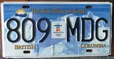2010 BRITISH COLUMBIA BC CANADA OLYMPIC LICENSE PLATE # 809 MDG