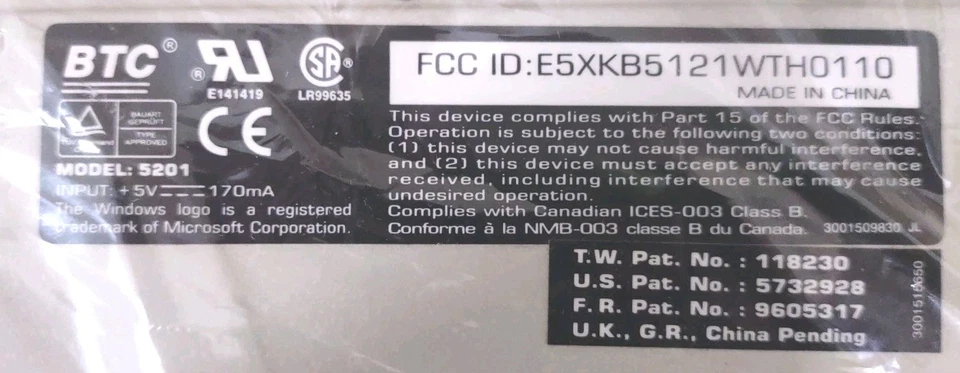 RARE VINTAGE BTC KEYBOARD MODEL: 5201 WINDOWS PS/2 FCC E5XKB5121WTH0110 RM0-KBRK - Image 3 of 4