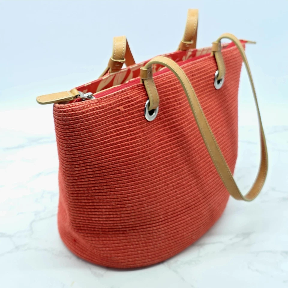 Talbots Bolso de Mano Mujer Rojo Tejido Paja Hombro Cartera Bolso Cremallera Top Forro Floral Foto 3 de 4