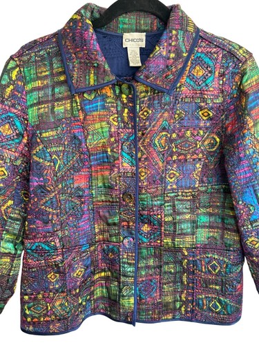 Chico's Quilted Silk Blend Jacket Blazer Women's Size 1 Multicolor Abstract Boho - Picture 2 of 9