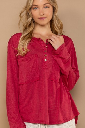 POL Clothing Button Neck Slub Knit Lightweight Henley Top in Red - Picture 5 of 5