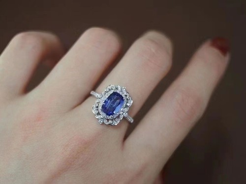 Natural Diamond Cushion Blue Corundum Engagement Ring Solid 18K Gold Jewelry - 第 2/2 張圖片
