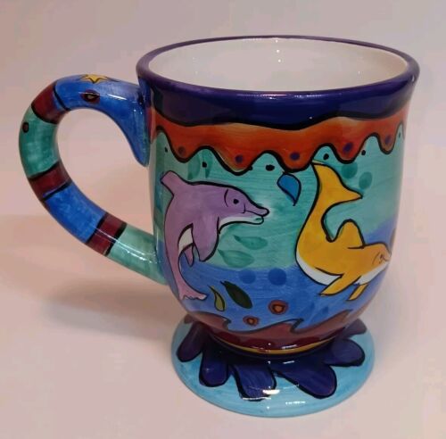 Handbemalter San Diego Keramik Multi Color Delphin 16 Unzen Fuß Kaffee Tee Becher - Bild 3 von 9
