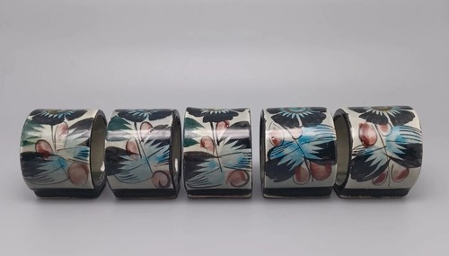 Vtg Tonala Style Footed Napkin Rings Blue Floral Set of 5- Signed RS Mexico - Picture 3 of 11