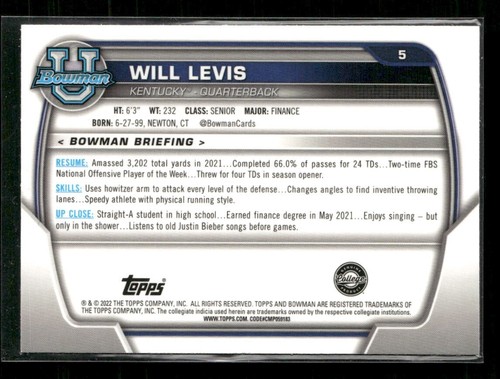 2022 Bowman Chrome University #5 Will Levis - Picture 2 of 2