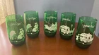 ANCHOR HOCKING VTG FOREST GREEN WHITE DECORATED TUMBLERS OLDEN DAYS SET OF 5