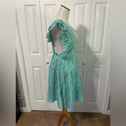 Oliphant Women's NWT Green Stripe Cross-Back Tiered lined Mini Dress size Small - Picture 10 of 16