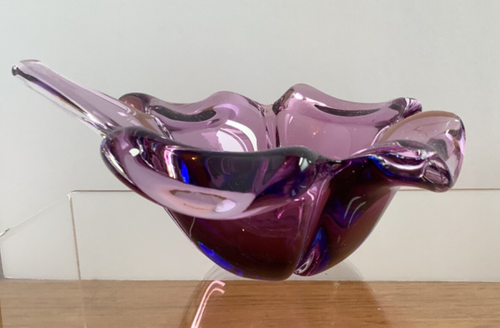 Murano Purple Blue Italian Art Glass Four Leaf Clover Bowl Dish - Picture 8 of 24