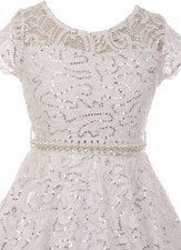 White Floral Lace Top Glitter Pearl Sash Wedding Dance Party Flower Girl Dress