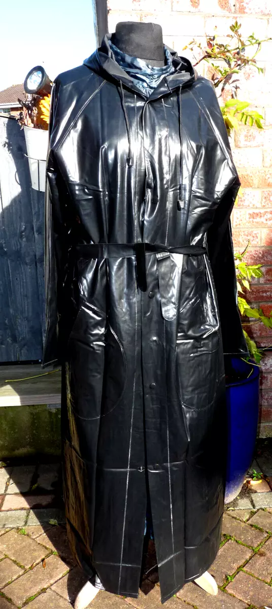 shiny black mans pvc raincoat with hood belt new heavy soft pvc xl