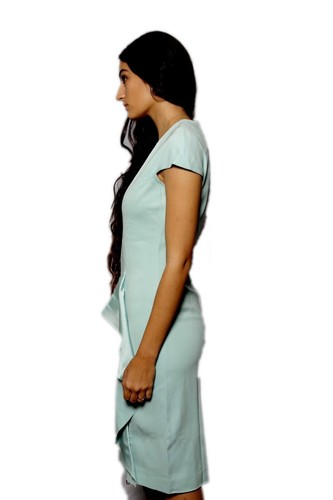 Versace V-Neck Knee-Length Dress Satin Ruffle Light Blue Sz 46 - Picture 3 of 11