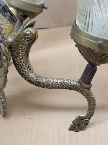 Vintage Cast Bronze Koi Fish Wall Sconce Electric Light Fixture w/ Glass Shades - Picture 9 of 18