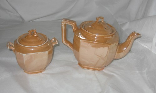Juego de té vintage Peach Lustre para 2 tazas de azúcar platillos pintura a mano - Imagen 9 de 9