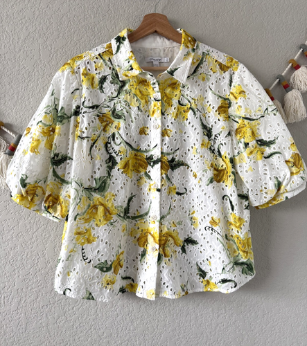 Chico's Blumen Ösen Knopfleiste Puffärmel gelb Top Boho Strand Landhaus 12