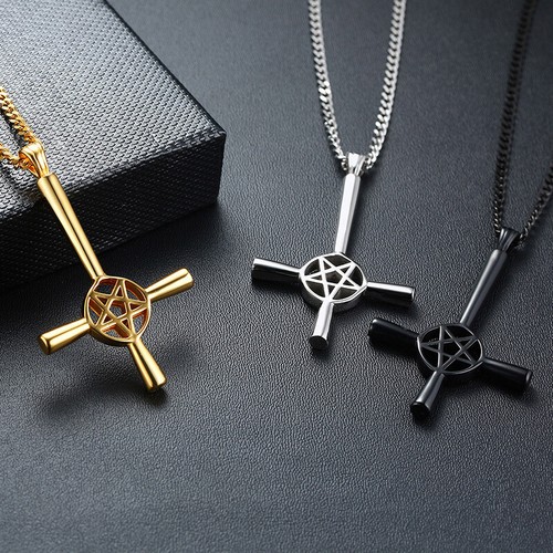 Halskette Anhänger Umgedreht Kreuz Pentagram Satan Punk Edelstahl 62cm Kette - Bild 3 von 15