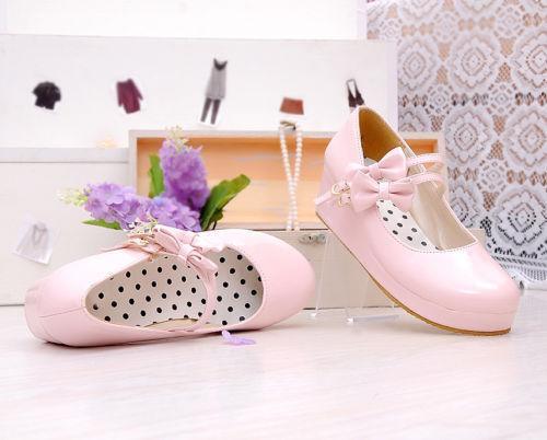 Mujer Plataforma Tacones de Cuña Mary Jane Bowknot Lolita Creepers Bomba Hebilla Zapatos - Imagen 11 de 25