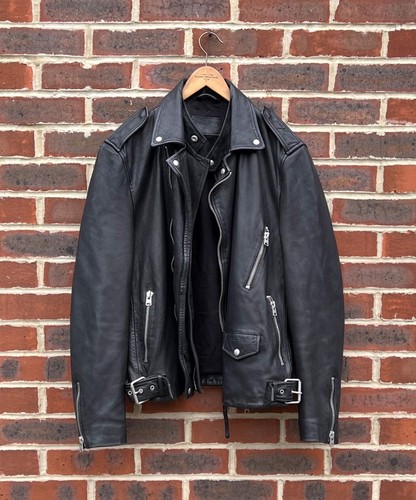 All Saints Mens CLINT Leather Biker Jacket LARGE Moto Bomber Black Rock B160 - Picture 2 of 10