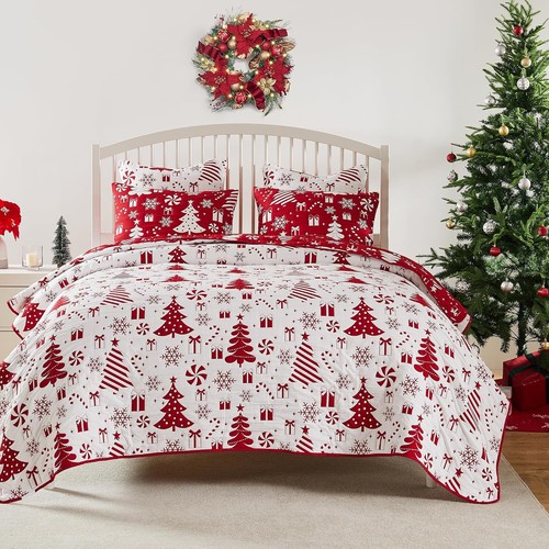 RED PEPPERMINT CHRISTMAS 3p Queen QUILT SET: WHITE PINE TREES SNOW CANDY HOLIDAY - Picture 3 of 6