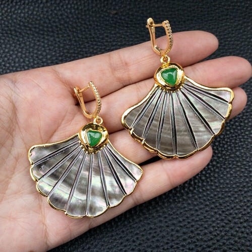 Natural Black Shell Carved Mother Of Pearl Agate Ginkgo Leaves Charm Earrings - Picture 3 of 8