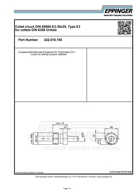 VDI30, Collet chuck 30x25, Type E3 for collets DIN 6388 Ortlieb, 222.010.150