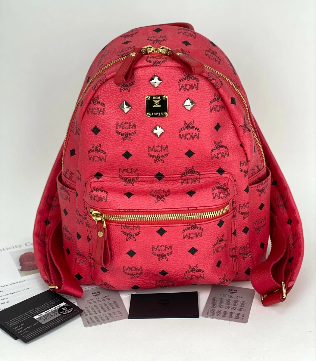 MCM Backpack Red Studs Cognac Visetos Leather Stark Backpack