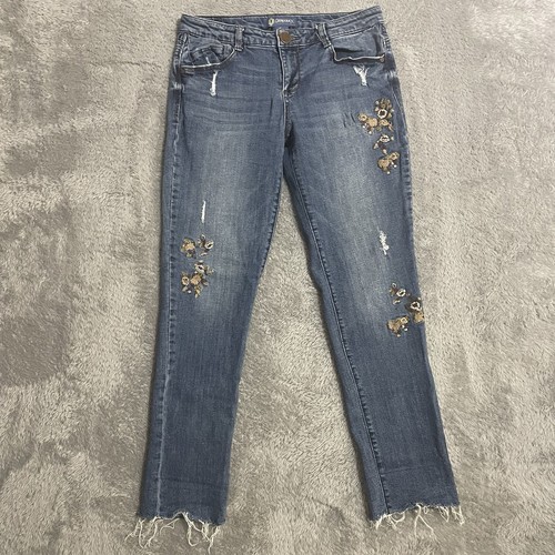 Democracy Flex-ellent Jeans Womens Size 4 Blue Denim Floral Embroidered Cuffed