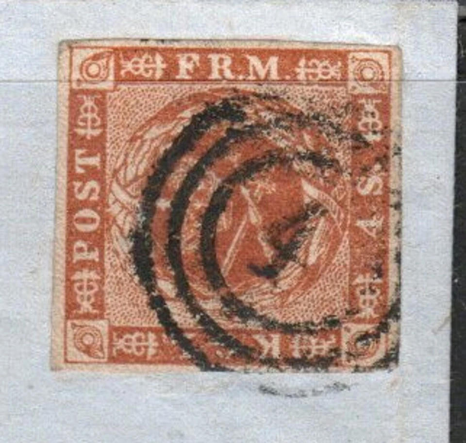 Cubierta Dinamarca 1858, 3 anillos cancelados "4", Imperf 4 márgenes, VF-XF. Foto 2 de 3