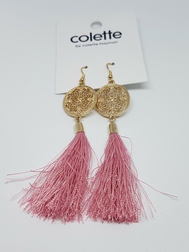 Colette Bohemian Pink Tassel Fringe Gold Tone Designer Drop Dangle 4" Earrings - Picture 9 of 12
