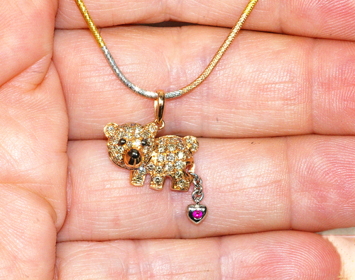18K, BEAR, TEDDY BEAR, RUBY HEART, NATURE ANIMAL PENDANT, ROSE & WHITE GOLD - Picture 2 of 4