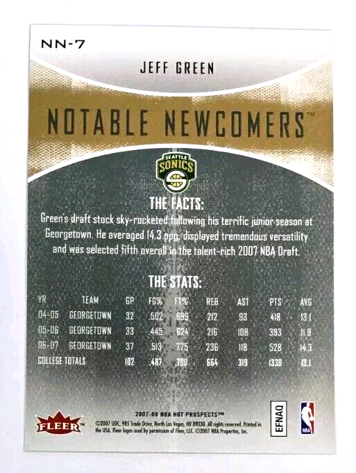 2007-08 NBA Hot Prospects Jeff Green Notable Newcomers Rookie #NN