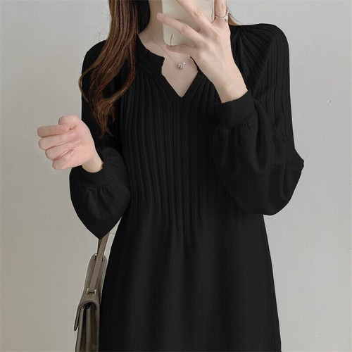 Damen Kaschmir Maxi Puff Langarm Pullover Kleid warm dick Strick V-Ausschnitt - Bild 3 von 8