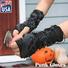 2× Punk Black Fingerless Gothic Gloves Fingerless Arm Warmers Halloween Glove US