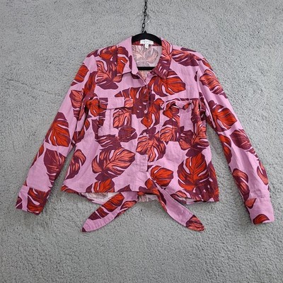 Sofia Vergara Top M Pink Red Floral Linen Blend Tie Front Button Up Blouse Women