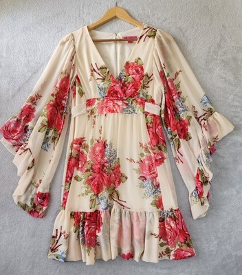 Betsey Johnson Dress Womens Size 6 Vintage Garden Rose Print Fairy Bell Sleeve