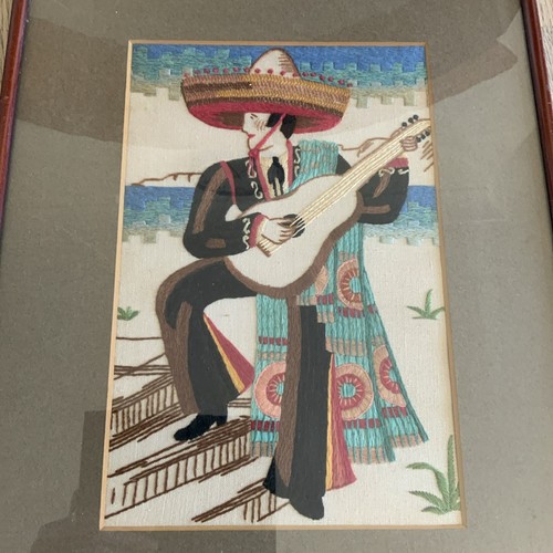 Vintage Framed Embroidery Mexican Lady Man 1960s Glazed Mid Century Sombrero - Picture 7 of 10