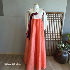 Korean Women Hanbok Set Size S Ivory Coral 2pc Jeogori Chima Wedding Excellent